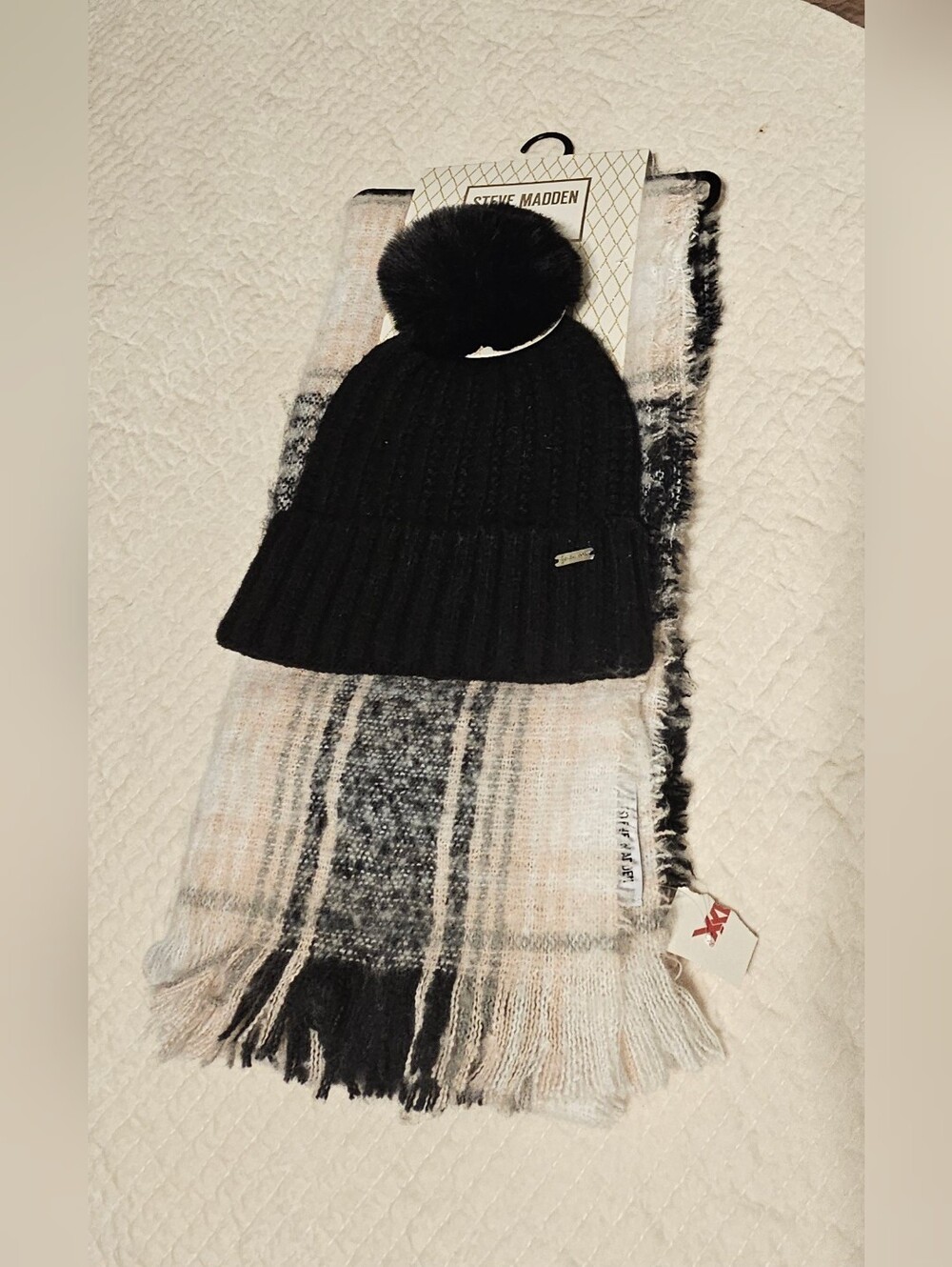 Steve Madden Kids Black Knit Pom-Pom Hat